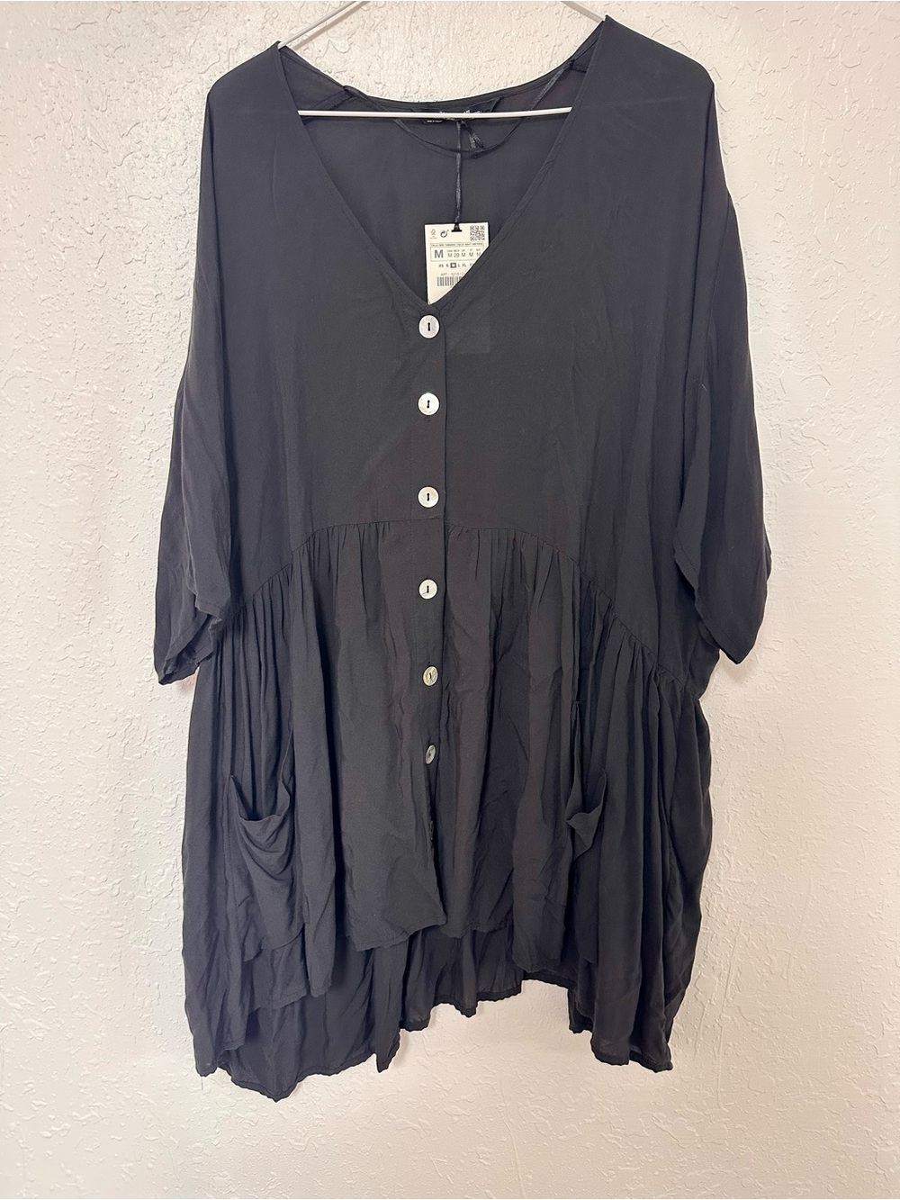NWT Zara Premium Denim Collection Black Button Front Oversized Dress Blouse M